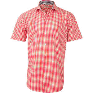 A short-sleeved men's button-up shirt featuring a red and white gingham check pattern, with a logo on the chest.