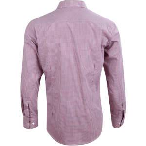 A men's long-sleeve shirt in a two-tone mini check pattern, featuring shades of red and white with a logo.