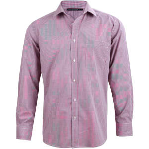 Men's two-tone mini check long-sleeve shirt in red and white with a button-up front and pocket detail.