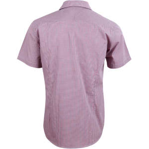 A men's short-sleeve button-up shirt featuring a red and white mini check pattern and a back yoke design.