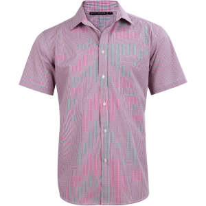 A short-sleeved button-up shirt featuring a two-tone mini check pattern in red and white. Includes a chest pocket and branding.