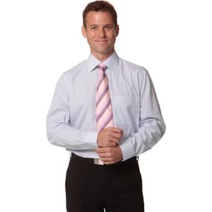 A light blue long-sleeve button-up shirt with a chest pocket, paired with a pink striped tie. Features a logo on the shirt.
