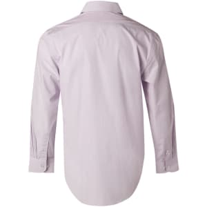 A light purple button-up shirt with long sleeves, featuring a mini check pattern and a logo.