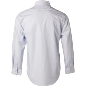 A light blue long-sleeve button-up shirt with a classic collar and a logo on the back.