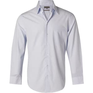 A light blue long-sleeve button-up shirt with a single chest pocket and a branded label.