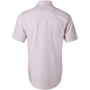 A short-sleeve men's button-up shirt in a light purple mini check pattern with a smooth back design.