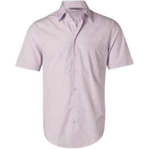 A short-sleeve, button-up shirt in light purple featuring a single chest pocket and a logo on the collar.