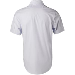 A light blue short-sleeve button-up shirt with a plain back and a branding logo.