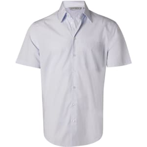 A light blue short-sleeve button-up shirt with a pocket and a logo on the collar.