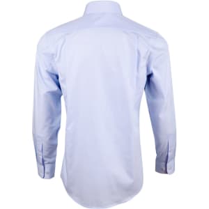 A light blue premium cotton long sleeve shirt with a mini check pattern and button-up details on the sleeves.