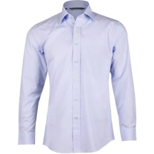 A light blue, long sleeve button-up shirt made from premium cotton with a single chest pocket.