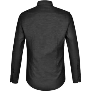 A black pin dot long-sleeve shirt with a button-up collar and a branded logo on the back.