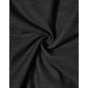 A close-up of a fabric with a black pin dot pattern, showcasing its texture and stretch. It features a logo.