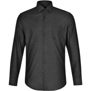A black men's long-sleeve button-up shirt with a pin dot pattern and a chest pocket. It features a logo on the label.