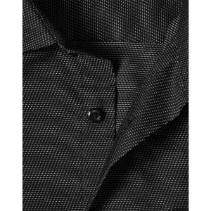 A black long-sleeve button-up shirt featuring a pin dot pattern and a collar, with a logo present.