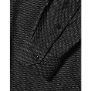 A black pin dot long-sleeve button-up shirt with a detailed collar and cuff design.
