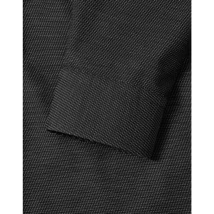 A black pin dot stretch long-sleeve shirt featuring a buttoned cuff and a subtle pattern, with a logo present.