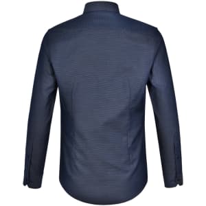 A navy blue men's long-sleeve button-up shirt with a pin dot pattern and a logo.