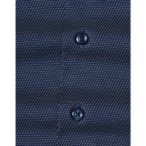 Men's long-sleeve button-up shirt in navy with a pin dot pattern and two dark buttons. Features subtle texture.