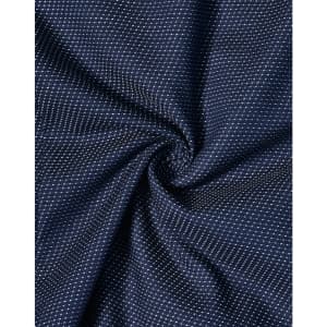 A navy blue fabric featuring a pin dot pattern, presenting a soft and stretchy texture. The fabric has a subtle sheen.