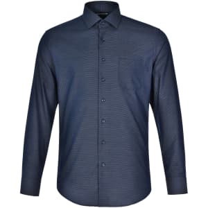 A men's long-sleeve shirt in navy blue with a pin dot pattern and a single chest pocket.
