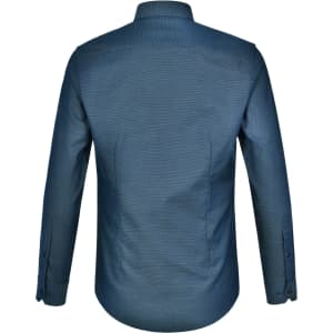 A blue men's long-sleeve button-up shirt featuring a pin dot design and a logo on the back.