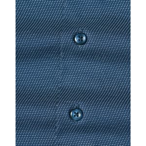 Men's long-sleeve button-up shirt in navy with a pin dot pattern and contrasting buttons. Features branding.