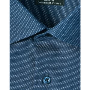 A close-up of a blue pin dot stretch button-up shirt featuring a patterned fabric and a branded tag.