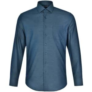 Men's long-sleeve button-up shirt in dark blue with a pin dot pattern and a single chest pocket. Features a logo on the collar.