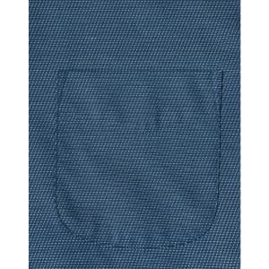 A close-up of a blue men's button-up shirt featuring a pin dot pattern and a pocket.