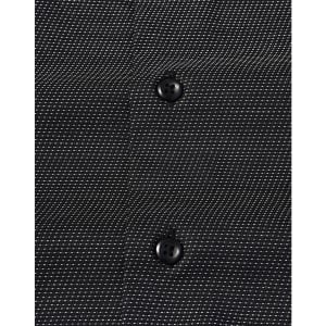 A black button-up shirt featuring a pin dot pattern and two buttons visible on the front. It has a logo.