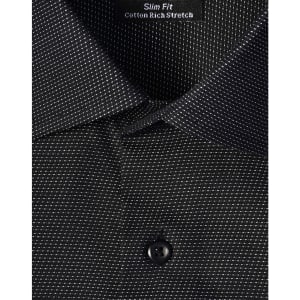 A black slim fit button-up shirt with a pin dot pattern and a collar, featuring a logo tag inside.