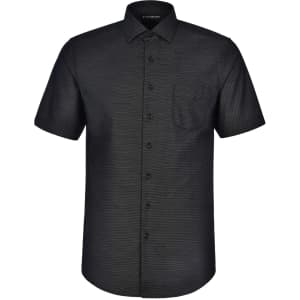 A short-sleeved black men's button-up shirt featuring a pin dot pattern and a chest pocket. Includes a logo.