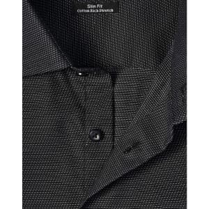 A close-up of a men's black pin dot stretch short-sleeve shirt featuring a slim fit and a collar with buttons.