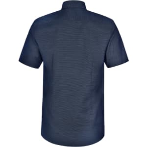 A short-sleeved men's button-up shirt in navy blue with a pin dot pattern and a logo on the back.