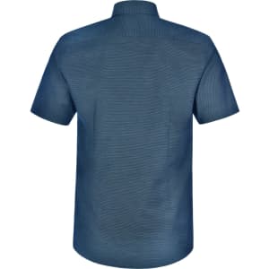 A short-sleeved, button-up shirt in navy blue with a pin dot pattern and a collar, featuring a logo on the back.