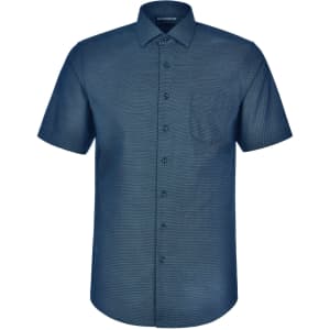 A short-sleeved blue button-up shirt featuring a pin dot pattern and a single chest pocket. It has a logo on the collar.