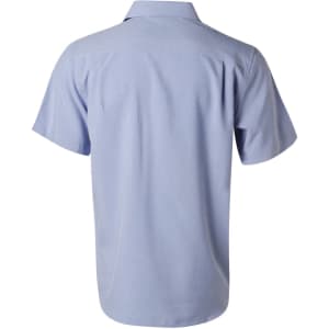 A light blue short sleeve shirt with a standard collar and a logo on the back.