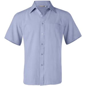 A light blue short sleeve shirt with a collar, button front, and a chest pocket, featuring a branding logo.