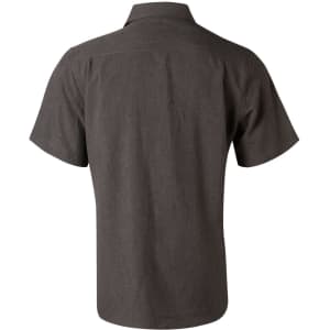 A men's short sleeve shirt in a charcoal grey colour, featuring a collar and a logo on the back.