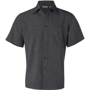A short sleeve men's shirt in dark grey, featuring a collar and front buttons, with a logo on the label.