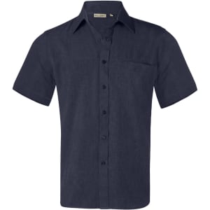 A navy blue short sleeve shirt with a button-up front and a chest pocket, featuring a logo.