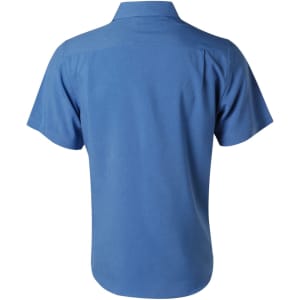 A short sleeve shirt in blue with a collar and a logo on the back.