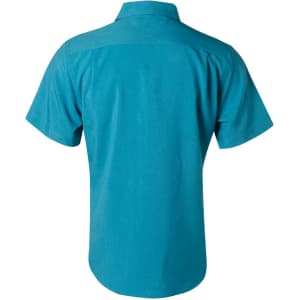 A teal short sleeve shirt with a collar and a logo on the back. The fabric appears lightweight and breathable.