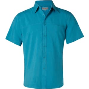A short sleeve shirt in teal with a button-up front and a subtle textured pattern, featuring a logo on the chest.
