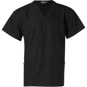 A black unisex short sleeve tunic top with a V-neck and two front pockets. It features a logo on the label.