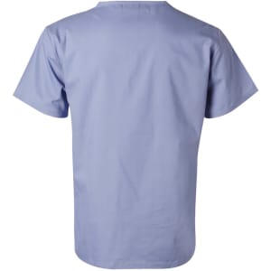 Short sleeve tunic top in light blue, featuring a simple design and a branding logo on the back.