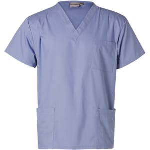 A unisex short sleeve tunic top in light blue, featuring a v-neck and side pockets. It has a logo.