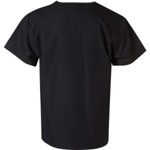 A black unisex short sleeve tunic top with a simple design and a logo on the back.