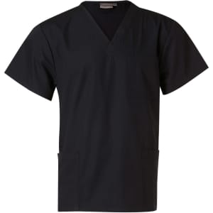 A black unisex short sleeve tunic top with a V-neck and two side pockets. It has a logo on the label.